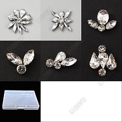 Mixed Shapes 12pcs 6 styles cabochons en verre en alliage, fleur, pour accessoires de vêtement, platine, formes mixtes, 17~33x21.5~31x5~6.5mm, 2 pcs / style