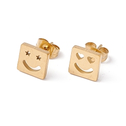 Golden 304 Stainless Steel Square with Smile Face Stud Earrings, Star & Heart Asymmetrical Earrings for Women, Golden, 8x8mm, Pin: 0.8mm