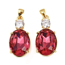 Фуксиновый Латунные микро проложить кубического циркония подвески, со стеклом, овальные амулеты, стойки покрытие, без кадмия и без свинца, долговечный, реальный 18 k позолоченный, красно-фиолетовые, 28.5x14x8 мм, отверстие : 4.5x3.5 мм