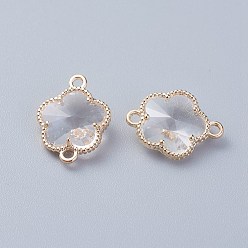 Clear Glass Links connectors, with Eco-Friendly Alloy Open Back Berzel Findings, Flower, Light Gold, Clear, 15.5x12x5mm, Hole: 1.4mm