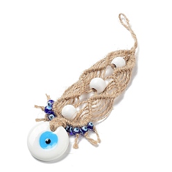 White Flat Round with Evil Eye Glass Pendant Decorations, Braided Hemp Rope Hanging Ornaments, White, 200mm