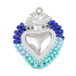 Cyan 304 Stainless Steel Pendants, with Glass Seed Beads, Sacred Heart Charms, Stainless Steel Color, Cyan, 38x29x5.5mm, Hole: 2mm