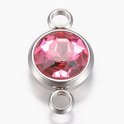 Rose Glass Links connectors, Faceted, with 304 Stainless Steel Findings, Flat Round, Stainless Steel Color, Rose, 17.5x10x6.5mm, Hole: 2.5mm