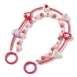Crimson Acrylic Heart Beaded Mobile Straps, Multifunctional Chain, with Alloy Spring Gate Ring and Glass Beads, Crimson, 30.6cm
