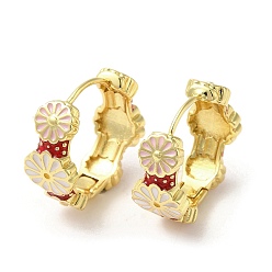 Pink Real 18K Gold Plated Brass Flower Hoop Earrings, with Enamel, Pink, 19x8.5mm