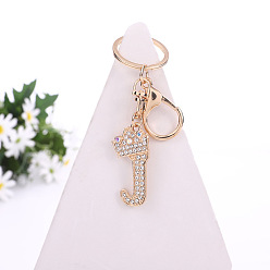 Letter J Crystal Rhinestone Initial Letter with Crown Pendant Keychains, with Light Gold Alloy Findings, Letter.J, 10~10.5cm, alphabet: 40~46x20~45mm
