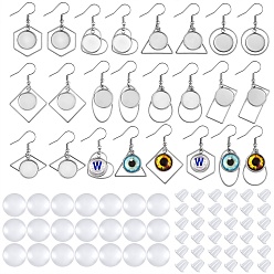 Stainless Steel Color Dangle Earrings DIY Making Kit, Including 304 Stainless Steel Earring Hooks with Flat Round Tray, Transparent Glass Cabochons, Plastic Ear Nuts, Stainless Steel Color, Earring Hooks: 35~45mm, Pin: 0.6mm, 18Pcs/set