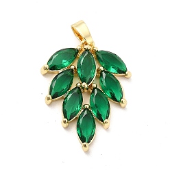 Real 18K Gold Plated Brass Pendants, with Green Glass, Leaf Charm, Real 18K Gold Plated, 24.5x19x5mm, Hole: 5x2.5mm
