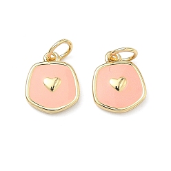 Pink Латунь эмаль подвески, самородки с подвесками в виде сердечек, долговечный, стойки покрытие, без свинца и без кадмия, реальный 18 k позолоченный, розовые, 11x9x2 мм, отверстие : 3 мм, Перейти кольцо: 5x1 мм
