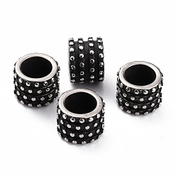 Antique Silver 304 Stainless Steel European Beads, Large Hole Beads, Column with Polka Dot, Antique Silver, 12.7x9.6mm, Hole: 8.3mm
