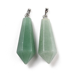 Green Aventurine Natural Green Aventurine Pointed Pendants, with Platinum Plated Brass Loops, Bullet, 35.3~38x13~14mm, Hole: 6.5x2.8mm