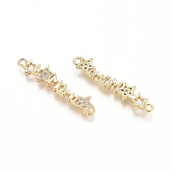 Golden Brass Micro Pave Clear Cubic Zirconia Links connectors, Word MAMA and Star, for Mother's Day, Golden, 5.5x26x2mm, Hole: 1.2mm