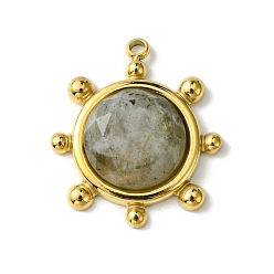 Labradorite Ion Plating(IP) 304 Stainless Steel Pave Faceted Natural Labradorite Pendants, Granulated Flat Round Charms, Real 14K Gold Plated, 19.5x17x4.5~6mm, Hole: 1.5mm