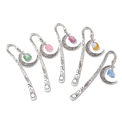 Mixed Color Dyed Natural Quartz & Hollow Moon Pendant Bookmarks, Flower Pattern Tibetan Style Alloy Hook Bookmark, Mixed Color, 148mm