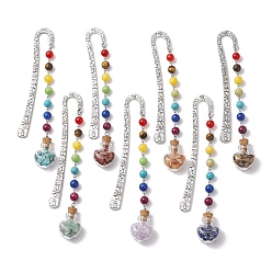 Mixed Stone 7Pcs Chakra Gemstone Bead & Heart Glass Wishing Bottle Pendant Bookmarks, Alloy Hook Bookmarks, 153mm, 1pc/color