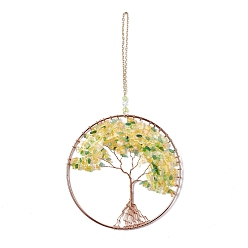 Yellow Aventurine Wire Wrapped Chips Natural Yellow Aventurine Big Pendant Decorations, with Iron Chains and Imitation Leather Rope, Flat Round with Tree of Life, 295mm