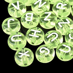 Lawn Green Transparent Acrylic Beads, Horizontal Hole, Mixed Letters, Flat Round, Lawn Green, 7x4mm, Hole: 1.5mm, about 3700pcs/500g