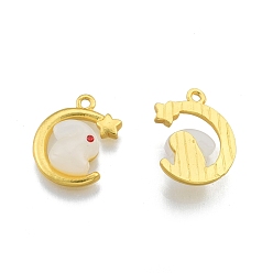 Floral White Glass Pendants, with Matte Gold Color Plated Alloy Findings, Moon with Rabbit & Star, Floral White, 18x15x5.5mm, Hole: 1.5mm