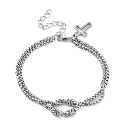 Stainless Steel Color 304 Stainless Steel Hollow Cross Charm Bracelet with Double Layer Box Chains, Stainless Steel Color, 7-1/2 inch(18.9cm)