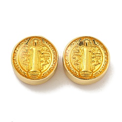 Золотистый Стойки покрытие латунь эмаль бисер, без кадмия и без свинца, реальный 18 k позолоченный, плоский круглый со святым, золотые, 12x7 мм, отверстие : 1.8 мм