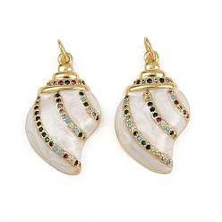 Белый Латунные микро проложить кубического циркония подвески, форма спиральной оболочки, с эмалью, стойки покрытие, без свинца и без кадмия, долговечный, с целью перехода в кольце, реальный 18 k позолоченный, белые, 26x15x5 мм, отверстие : 3 мм