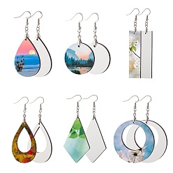 White 6 Sets 6 Style DIY Sublimation Blank Earring Making Finding Kit, Including MDF Wooden Earring Charm, Sublimation Printing Unfinished Earring Blank Charm, 304 Stainless Steel Earring Hooks, White, 30~59.5x15~34.5x3.5mm, Hole: 2mm, Pin: 0.7mm and 0.8mm, 1 set/style