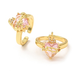 Pink Открытые кольца-манжеты из латуни и стекла для женщин, святое сердце, долговечный, стойки покрытие, без свинца и без кадмия, золотые, розовые, 17 мм, Сердце: 13~15x10~15 mm