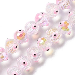 Pink Transparent Evil Eye Glass Beads Strands, with Enamel, Faceted, Round, Pink, 10.5~11x9mm, Hole: 1.6mm, about 40pcs/strand, 13.86''~14.06''(35.2~35.7cm)