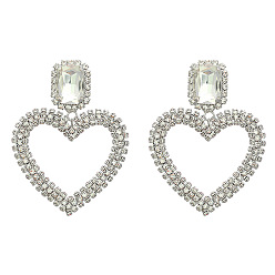 silver Sparkling Diamond Heart Earrings for Women - Glamorous Alloy Party Jewelry with Full Rhinestone Claw Chain