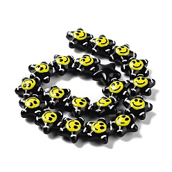 Black Glass Enamel Beads, Star with Smiling Face Pattern, Black, 20.5x22x11mm, Hole: 1.6mm