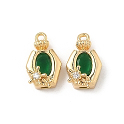 Зеленый Латунные микро проложить кубического циркония подвески, овальные с цветком, реальный 18 k позолоченный, зелёные, 17x10.5x6.5 мм, отверстие : 1.6 мм
