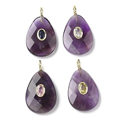 Аметист Подвески из натурального аметиста , Подвески-капли в форме огранённых капель с латунной микропаве из кубических цирконий случайных цветов, золотые, 31.5x18x7~7.5 мм, отверстие : 2.5x3.5 мм