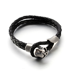 Noir Bracelets de cuir cordon crâne 304 en acier inoxydable, avec des agrafes de la moelle en cuir, noir, 200x5mm