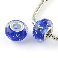 Bleu Lueur dans l'obscurité à la main lampwork style lumineux grand trou perles européennes, avec des noyaux de laiton de ton argent, rondelle, bleu, 14x9~10mm, Trou: 5mm