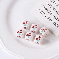 White Opaque Printed Acrylic Beads, Cube with Flower Pattern, White, 14x14x14mm, Hole: 3.3mm