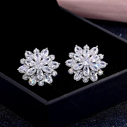Clear Brass Micro Pave Cubic Zirconia Stud Earrings, Flower, Clear, 20mm