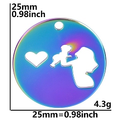 Rainbow Color Mother's Day Stainless Steel Pendants, Flat Round with Mother & Baby Charm, Rainbow Color, 25mm