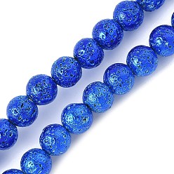 со Синим Покрытием Гальванические бусины из натуральной лавы, круглые, с покрытием синим, 7x6~6.5 мм, отверстие : 1 мм, около 63 шт / нитка, 15.51~15.87'' (39.4~40.3 см)