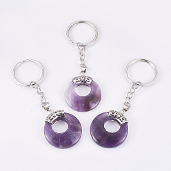 Amethyst Natural Amethyst Keychain, with Platinum Plated Iron Key Rings and Brass Findings, Flat Round, 84mm