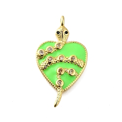 Лайм Латунные микро проложить кубического циркония подвески, с эмалью, сердце со змеиными чарами, без свинца и без кадмия, стойки покрытие, долговечный, желто-зеленые, 28.5x15.5x3 мм, отверстие : 1.6 мм