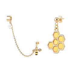 Golden Bee and Honeycomb Alloy Asymmetrical Earrings with Enamel, 304 Stainless Steel Stud Earrings with Dangle Chain Ear Cuff Crawler Climber for Women, Golden, 29~110mm, Pin: 0.7mm, 2Pcs/set