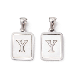 Letter Y 304 Stainless Steel Pave Shell Pendants, Rectangle Charm, Stainless Steel Color, Letter Y, 17.5x12x1.5mm, Hole: 3x5mm