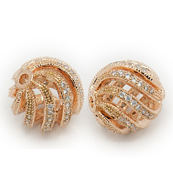 Розовое Золото Латунные шарики циркония кубической, круглые, розовое золото , 12 мм, отверстие : 1 мм