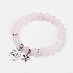 Rose Quartz Natural Rose Quartz Stretch Bracelets, with Alloy Pendants & Bead Spacers, Tree of Life and Flower, Burlap Packing, 2 inch(5cm)