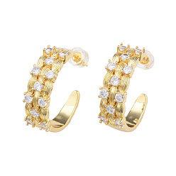 Clear Cubic Zirconia Half Hoop  Earrings, Golden Brass C-shape Stud Earrings for Women, Nickel Free, Clear, 26x23mm, Pin: 0.7mm