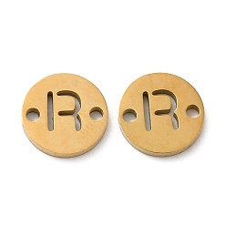 Letter R Ion Plating(IP) 304 Stainless Steel Connector Charms, Flat Round with Letter, Golden, Letter R, 9x1~1.5mm, Hole: 1~1.4mm