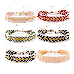 Leaf Cotton Flat Cord Bracelets Set, Wax Ropes Braided Ethnic Tribal Adjustable  Bracelets, Leaf, 6-7/8 inch(17.5cm), 6pcs/set