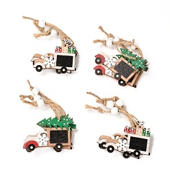 Mixed Color Christmas Theme Wood Big Pendant Decorations, with Hemp Rope and Wood Beads, Car with Gift Boxes & Christmas Tree, Mixed Color, 100~105mm, 12pcs/box, Box: about 140x140x18mm