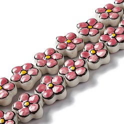 Pink Handmade Porcelain Flower Beads Strands, Pink, 16.5~17x17~17.5x7.5~7.8mm, Hole: 1.6~1.8mm, about 20pcs/strand, 12.56~12.68 inch(31.9~32.2cm)