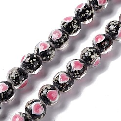 Black Handmade Lampwork Beads Strand, Luminous, Glow in the Dark, Round with Heart, Black, 10x9.5mm, Hole: 2mm, about 40pcs/strand, 14.76''(37.5cm)